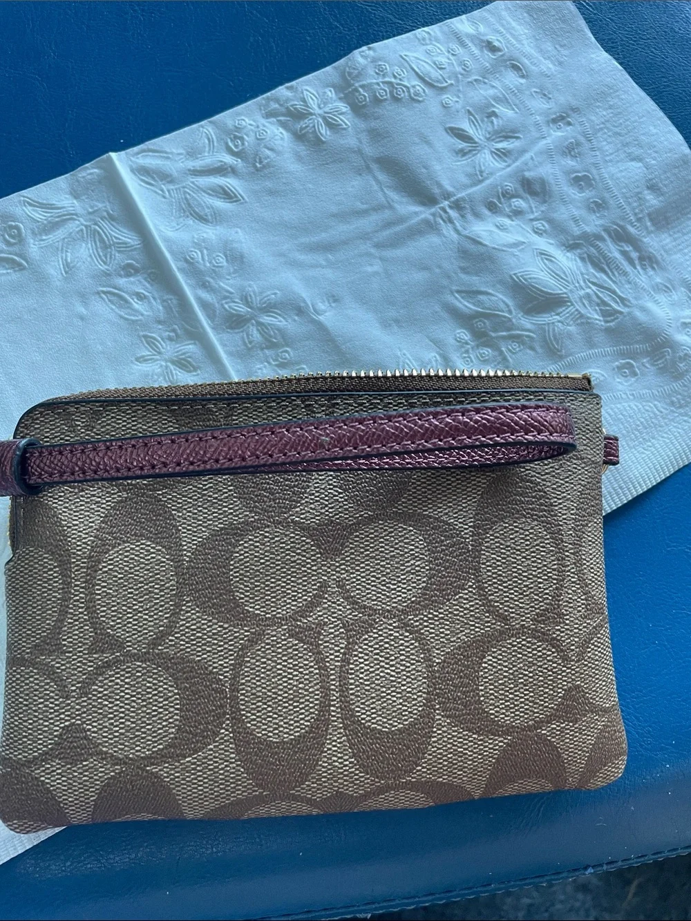 Coach Brown Signature Canvas Wristlet with Rose Stripe